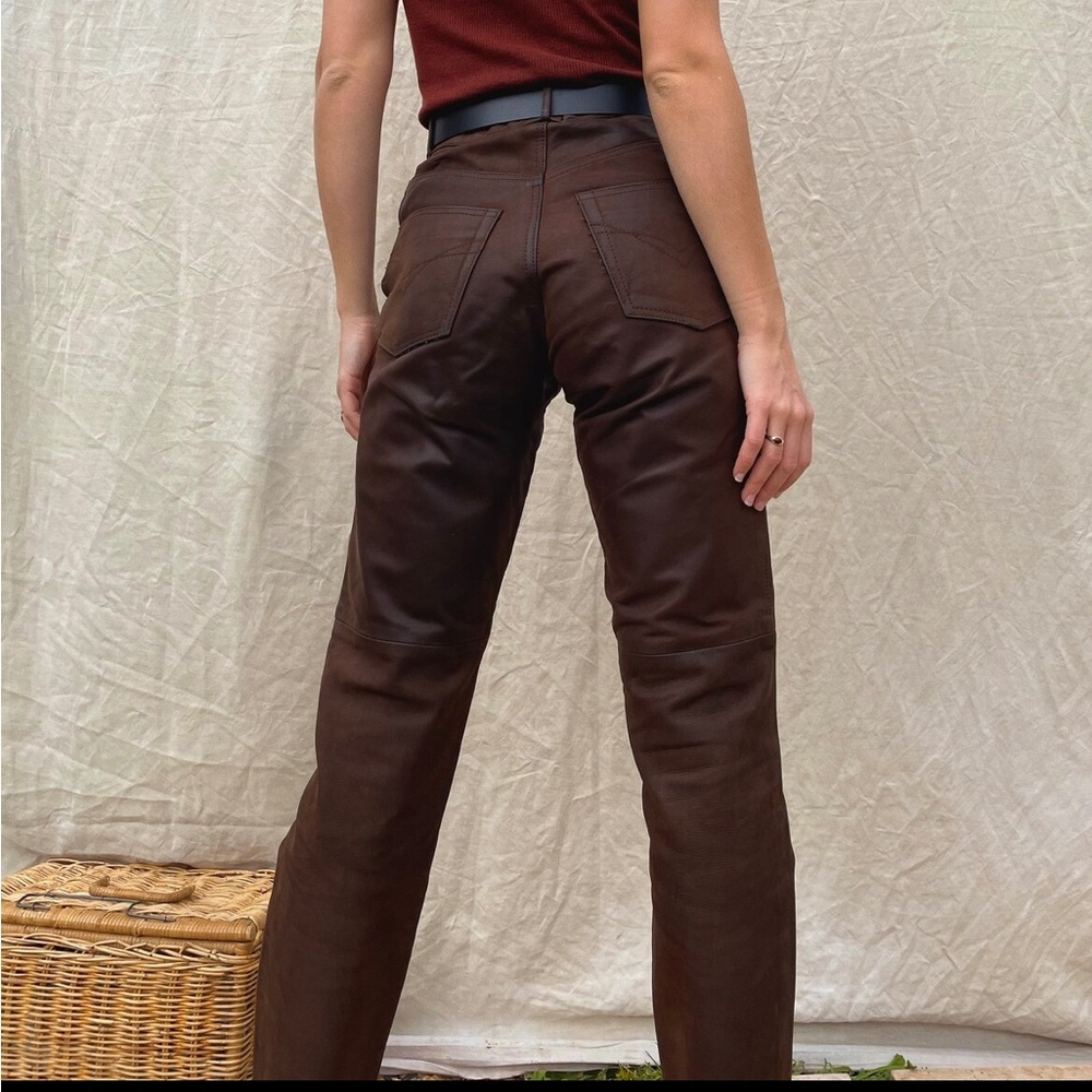 Vintage ‘80s brown leather high rise trousers / slim straight leg /biker/women - Picture 5 of 9